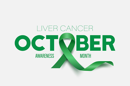 October. Liver Cancer Banner, Card, Placard with Vector 3d Realistic Emerald Green Ribbon on White Background. Liver Cancer Awareness Month Symbol Closeup. World Liver Cancer Day Concept.