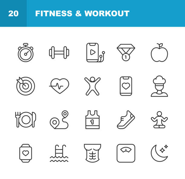 ilustrações de stock, clip art, desenhos animados e ícones de fitness & workout line icons. editable stroke. pixel perfect. for mobile and web. contains such icons as abs, body, cooking, diet, exercising, gym, healthy lifestyle, meditation, running, sport, sportswear, swimming, trophy, wellness, workout, yoga - weight class