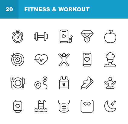 istock Fitness & Workout Line Icons. Editable Stroke. Pixel Perfect. For Mobile and Web. Contains such icons as Abs, Body, Cooking, Diet, Exercising, Gym, Healthy Lifestyle, Meditation, Running, Sport, Sportswear, Swimming, Trophy, Wellness, Workout, Yoga 1455291037