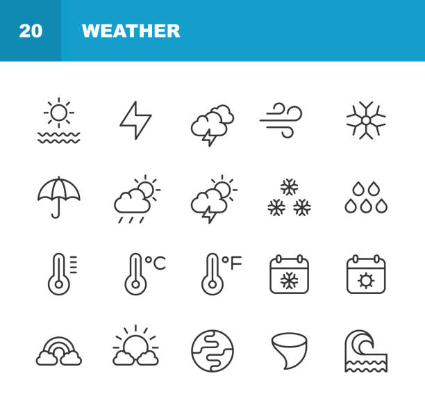 illustrations, cliparts, dessins animés et icônes de icônes weather line. course modifiable. pixel parfait. pour mobile et web. contient des icônes telles que climat, nuage, écologie, environnement, brouillard, globe, lune, océan, planète, arc-en-ciel, mer, neige, printemps, été, soleil, coucher du so - solar calendar