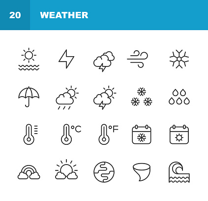 20 Weather Outline Icons. Autumn, Beach, Calendar, Climate, Cloud, Cloudy, Cold, Ecology, Environment, Fog, Forecast, Globe, Hot, Ice, Meteorology, Mobile App, Moon, Ocean, Planet, Rain, Rainbow, Raining, Sea, Snow, Spring, Star, Summer, Sun, Sunny, Sunset, Thermometer, Thunder, Umbrella, Wave, Weather, Wind, Winter.