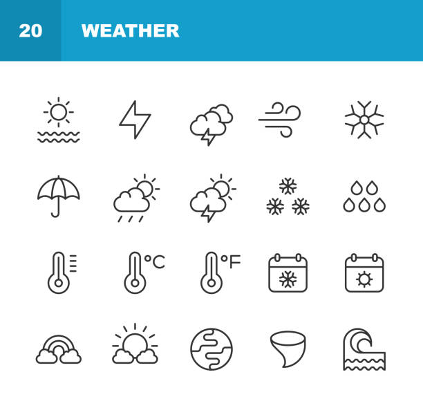 Weather Line Icons. Editable Stroke. Pixel Perfect. For Mobile and Web. Contains such icons as Climate, Cloud, Ecology, Environment, Fog, Globe, Moon, Ocean, Planet, Rainbow, Sea, Snow, Spring, Summer, Sun, Sunset, Thunder, Umbrella, Wave, Wind, Winter. vector art illustration