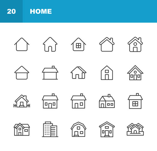 ilustrações de stock, clip art, desenhos animados e ícones de home and building line icons. editable stroke. pixel perfect. for mobile and web. contains such icons as apartment, architecture, building, city, construction, family, hotel, house, hut, mortgage, neighborhood, office, real estate, skyscraper, warehouse. - family insurance agent real estate financial advisor