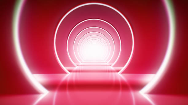 istock 3d render, neon light abstract background, round portal, rings, circles, virtual reality, ultraviolet spectrum, laser show, fashion podium, stage, floor reflection stock photo 1455291267