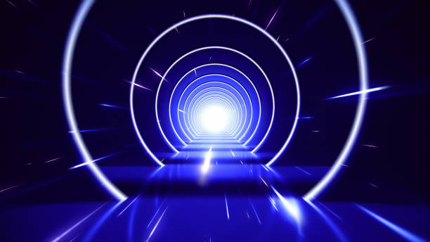 3d render, neon light abstract background, round portal, rings, circles, virtual reality, ultraviolet spectrum, laser show, fashion podium, stage, floor reflection stock photo