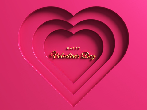 3d illustration. Heart shape cut window wall. Valentine's day text gold colored. Stock photo