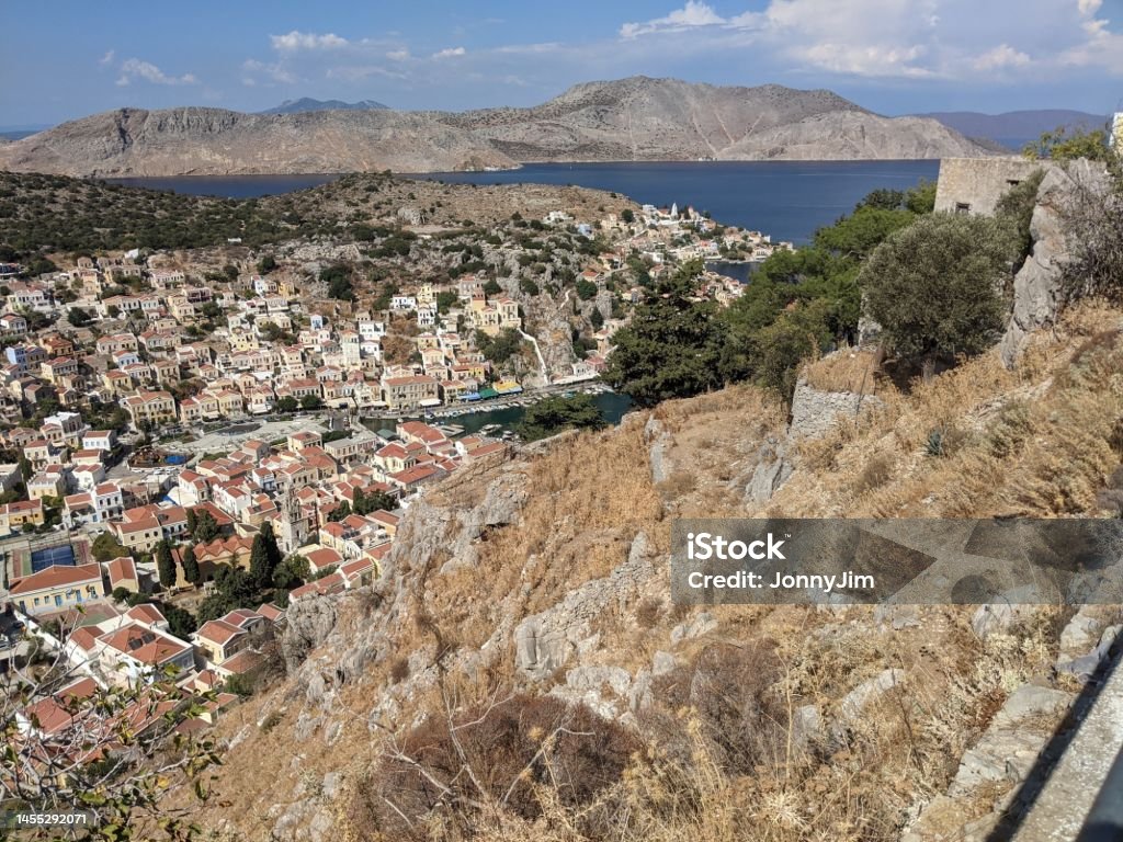 Symi Town, Symi, Greek island in the Aegean view across the town Aegean Islands Stock Photo