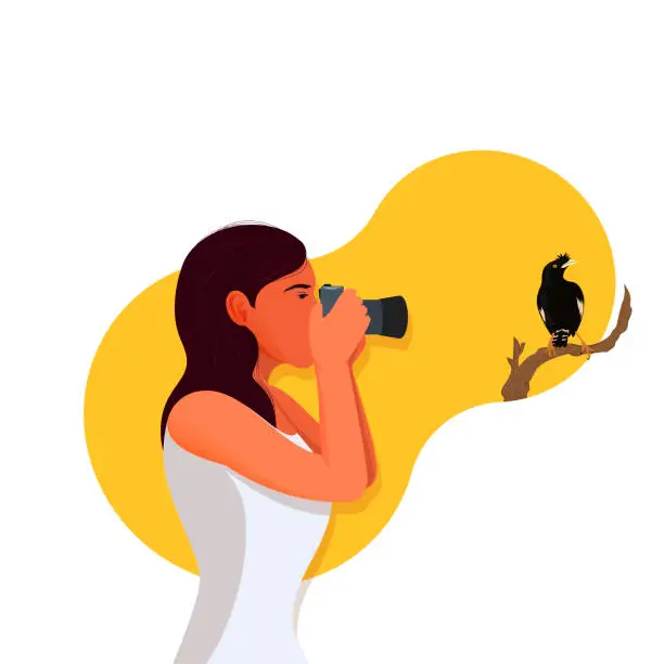 Vector illustration of Isolated illustration teenager standing  and taking photos with starling on tree branch.woman photographer holding dslr camera taking photographs.