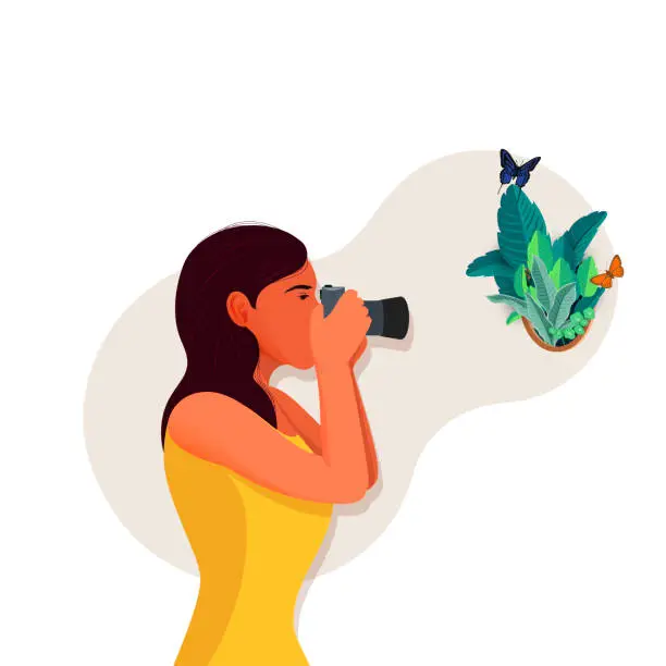 Vector illustration of Isolated illustration teenager standing  and taking photos with butterflies and green plants.woman photographer holding dslr camera taking photographs.