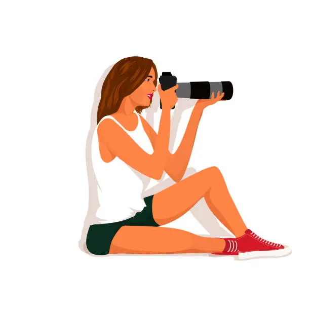 Vector illustration of Isolated illustration teenager sitting  and taking photos.woman photographer holding dslr camera taking photographs. Professional photographer taking pictures. Creative profession job.