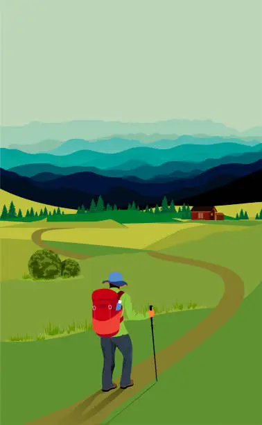 Vector illustration of Hiker traveller walking through mountain green field alpine landscape nature with wooden houses,