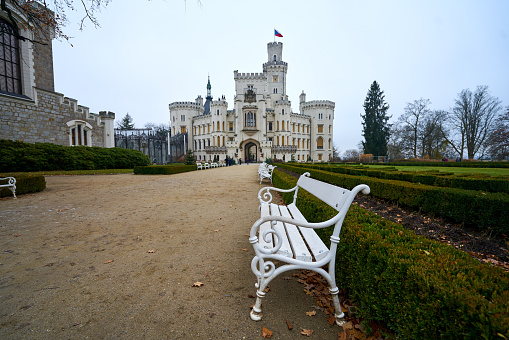 Hluboka nad vltavou, Czech Republic – November 24, 2019: Romantic white chateau Hluboka nad Vltavou