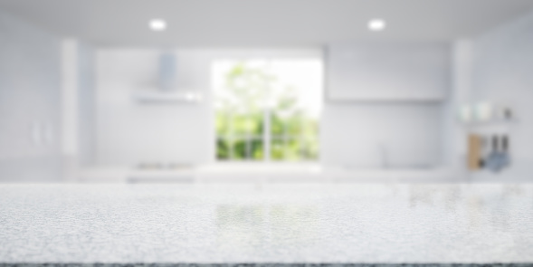 3d rendering of granite stone counter or countertop. Include blur kitchen room, light from window and nature outside. Modern interior design in perspective view. Empty space with texture pattern at surface for product display background.