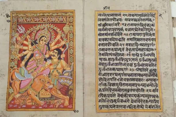 JAIPUR, INDIA - OCT 11, 2017 - Scenes from the Ramayana in antique manuscript, Jaipur, Rajasthan, India