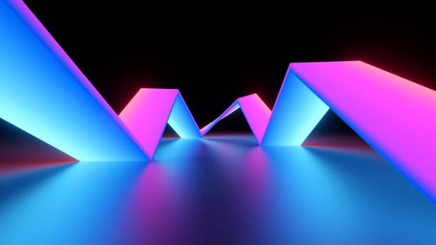 istock 3d rendering, abstract neon background with pink blue holographic geometric shape inside the black room 1455295690