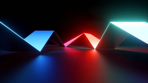 istock 3d rendering, abstract neon background with colorful geometric shape inside the black room 1455295703