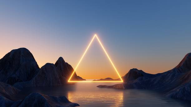 3d render, abstract background with triangular geometric frame and mystic landscape. Rocks and water, sunset or sunrise. Modern minimal wallpaper stock photo