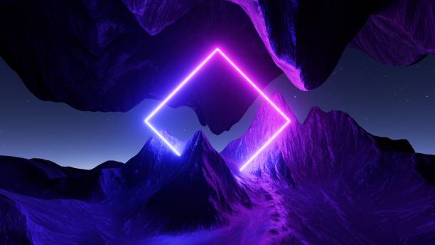 istock 3d render. Abstract neon background. Fantastic landscape with glowing rhombus geometric shape and mountains 1455295787