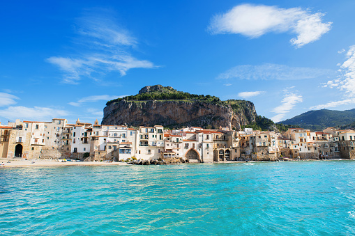 Sicilian town Cefalu with beach, Italy, popular travel destination