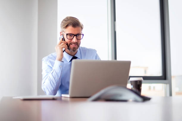 istock Confident businessman making a call while sitting at the office and using laptop 1455296523