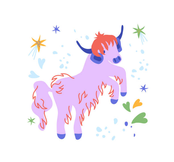 hand drawing cute highland cow Happy Highland cattle, hand drawing cute highland cow, cheerful icon, card design. Vector illustration british beef cow stock illustrations