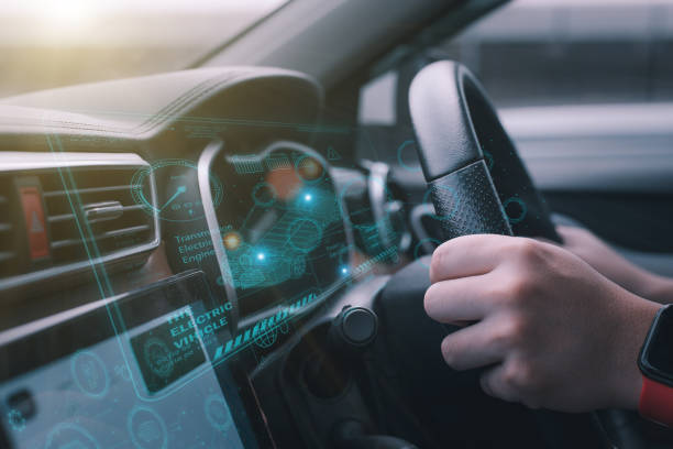 istock a futuristic vehicle and a graphic user interface (GUI). connected, intelligent vehicles Internet of Things heading-up display (HUD) 1455297983