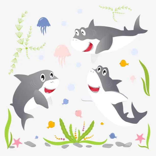 Vector illustration of Set of cartoon vector sharks isolated on white background. Cute smiling shark characters Vector illustration.