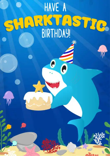 Vector illustration of Have a sharktastic Birthday cartoon greeting card. Happy Birthday design template Vector illustration