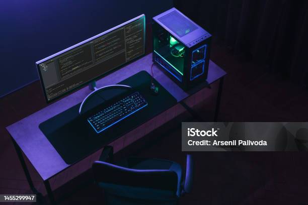 Coder Workspace With Professional Programming Setup Stock Photo ...