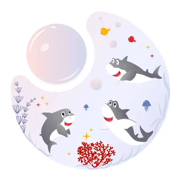 Vector illustration of Cartoon vector sharks set. Cute swimming shark characters in the ocean Vector illustration