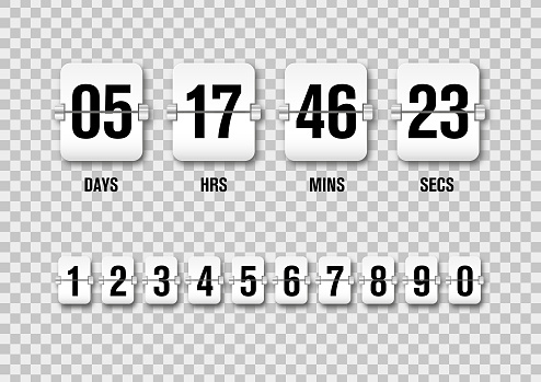 Flip countdown clock counter timer. Set numbers flip watch. Time remaining count down flip board with scoreboard of day, hour, minutes and seconds for upcoming event