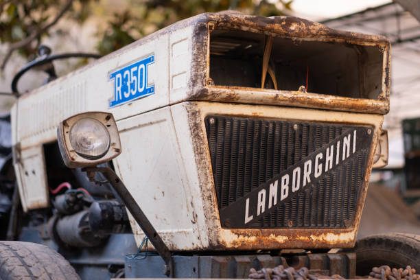 Santa Maria Capua Vetere, Italy – March 30, 2021: Lamborghini tractor in the field, Caserta, Italy, March 30th 2021.