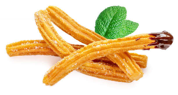 Churros  fried dough pastry with Mentha leaf  and chocolate sauce isolated on a white background. Churro sticks, top view