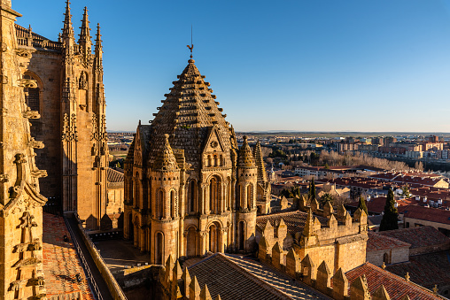 Exterior view of the dome of the Old Cathedral of Salamanca a blue sky day. Castilla y Leon, Spain