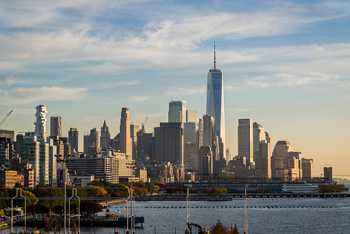 View of Manhattan from the Little Island at Pier 55, an artificial island park in the Hudson River west of Manhattan which opened in 2021, New York City, USA