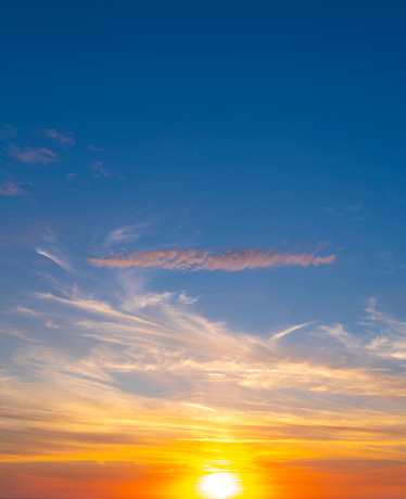 Sunset sky with blue and golden orange colors at dusk background