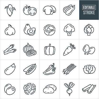 A set of vegetables icons that include editable strokes or outlines using the EPS vector file. The icons include corn on the cob, tomato, mushrooms, squash, garlic, avocado, olives, broccoli, artichoke, asparagus, onion, bell pepper, carrot, spinach, eggplant, peas, chili peppers, lettuce, cabbage, cauliflower, potatoes, radish and celery.