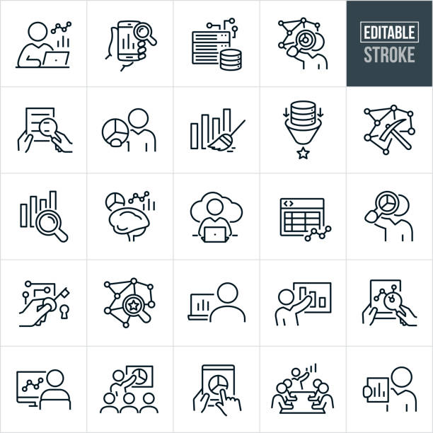 datenanalyse liniensymbole - editierbare striche - symbole umfassen datenanalyse, big data, datenanalyst, filterung, datenbank, präsentation, diagramme, grafiken, datensatz, computer - data base symbol computer icon stock-grafiken, -clipart, -cartoons und -symbole