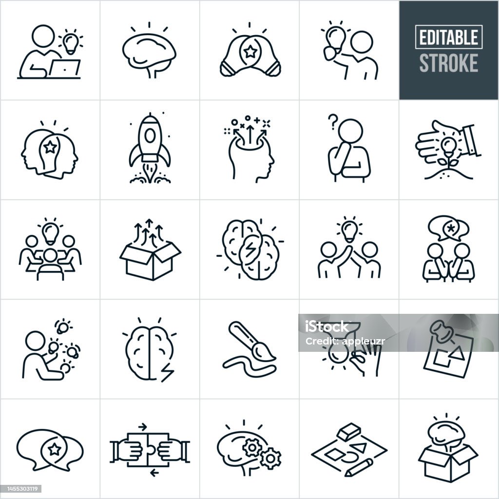Creatividad Iconos de línea fina - Trazo editable - Los iconos incluyen innovación, pensamiento creativo, soluciones, originalidad, cerebro humano, bombilla, proceso creativo, lluvia de ideas, imaginación, inventiva, originalidad - arte vectorial de Ícono libre de derechos Creatividad Iconos de línea fina - Trazo editable - Los iconos incluyen innovación, pensamiento creativo, soluciones, originalidad, cerebro humano, bombilla, proceso creativo, lluvia de ideas, imaginación, inventiva, originalidad - arte vectorial de Ícono libre de derechos