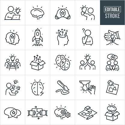 A set of creativity icons that include editable strokes or outlines using the EPS vector file. The icons include a person receiving creative inspiration while working on laptop, human brain with creative idea, two lightbulbs overlapped to suggest creative collaboration, business person holding up a lightbulb representing creativity, two human heads overlapping to indicate creative brainstorming, rocket launch representing a creative idea taking off, human head with creative ideas flowing from it, person with hand on chin in deep thought, hand protecting a plant with a lightbulb to suggest nurturing creative ideas, workers around conference table working on creative idea, box with arrows flowing out from it to suggest thinking outside the box, two human brains overlapped with a lightning bot to represent brainstorming, two business associates holding up a lit lightbulb, two people with hands on chins thinking of ideas together, person juggling several lightbulbs to suggest the juggling act of creative thought and ideas, human brain and lightning bolt to represent brainstorm, paintbrush painting to represent creativity, hand turning on lightbulb of thought, thought bubbles overlapped to come up with creative solution, two jigsaw puzzle pieces being joined together in creative process, human brain with cogs, paper with pencil and eraser to show creative process and a human brain rising from a cardboard box to represent thinking outside the box.