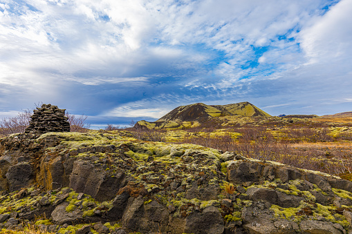 Autumn inland landscape overgrown with mosses and lichens, western Iceland