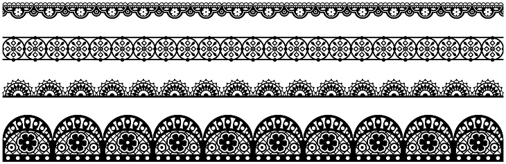 Set of wide lace ribbons with print. Black design elements isolated on white background. Seamless pattern for creating style of card with ornaments. Lace decoration template, ribbons for design