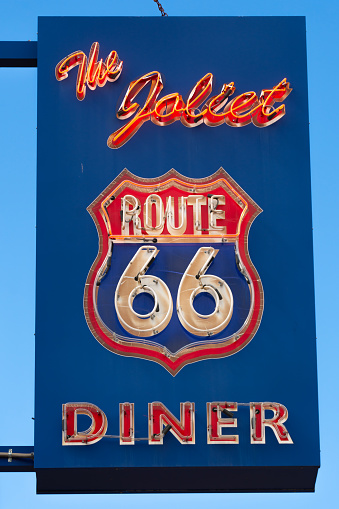 Joliet, Illinois - United States - September 23rd, 2022: Vintage signage from the Joliet Route 66 Diner in downtown Joliet, Illinois.