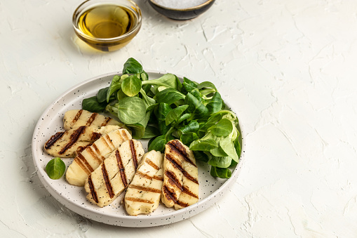 halloumi cheese with mint. Cheese for grilling, Cyprus squeaky cheese. banner, menu, recipe place for text,,