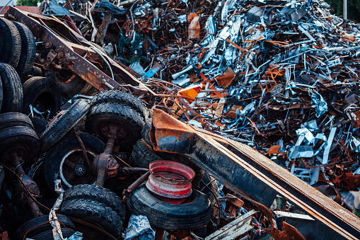 Pile of metal and tires in junkyard. Holyoke, Massachusetts, USA