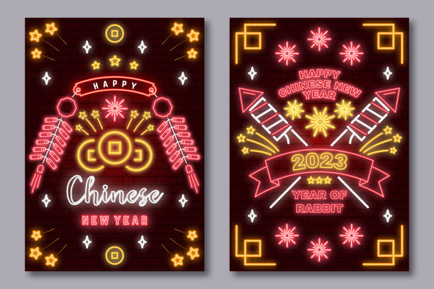 Happy Chinese New Year neon greetings card, flyers, poster in retro. Vector. Chinese New Year sign with firework and firework rocket for new year emblem, bright signboard, light banner. Happy Chinese New Year neon greetings card, flyers, poster in retro style. Vector. Chinese New Year neon sign with firework and firework rocket for new year emblem, bright signboard, light banner. fire rabbit zodiac stock illustrations