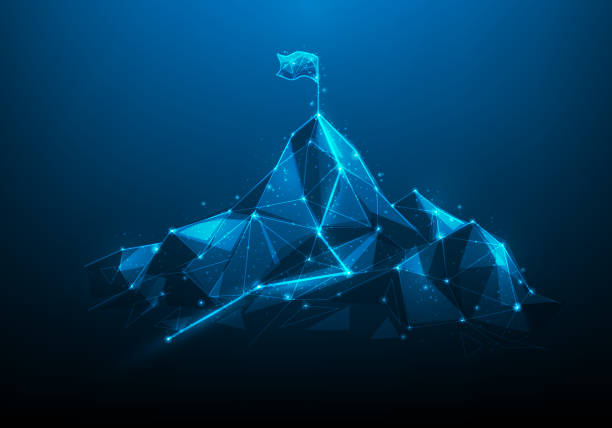 istock business monuntain achievement to target digital technology.route to success low poly wireframe on blue dark background.Mountain path to the top form lines, dots success goal. vector illustration. 1455312117