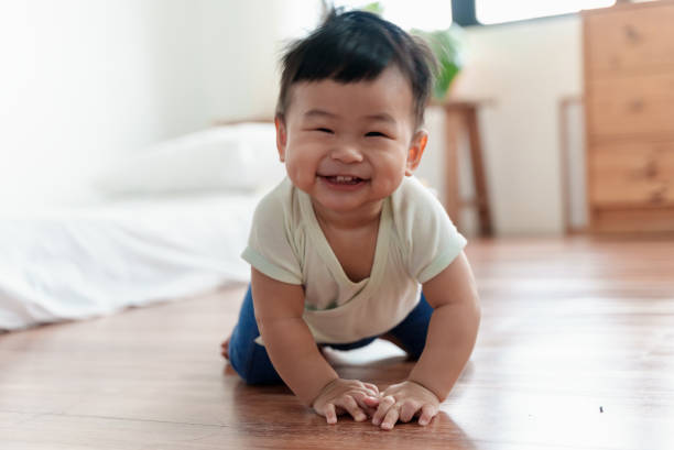 adorable asian baby boy crawling on floor, smiling and looking at camera. - babies and children close up horizontal looking at camera imagens e fotografias de stock