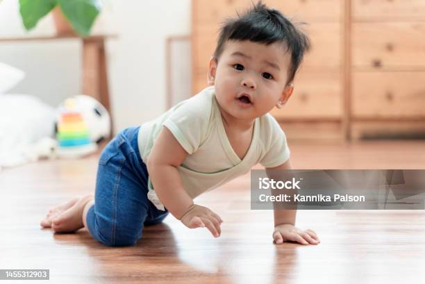 Adorable Asian Baby Boy Crawling On Floor Smiling And Looking At Camera Stock Photo - Download Image Now