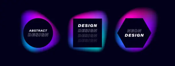 Vector illustration of Super set different shape geometric texting boxes with neon glow. Quote box speech bubble. Modern flat style vector illustration